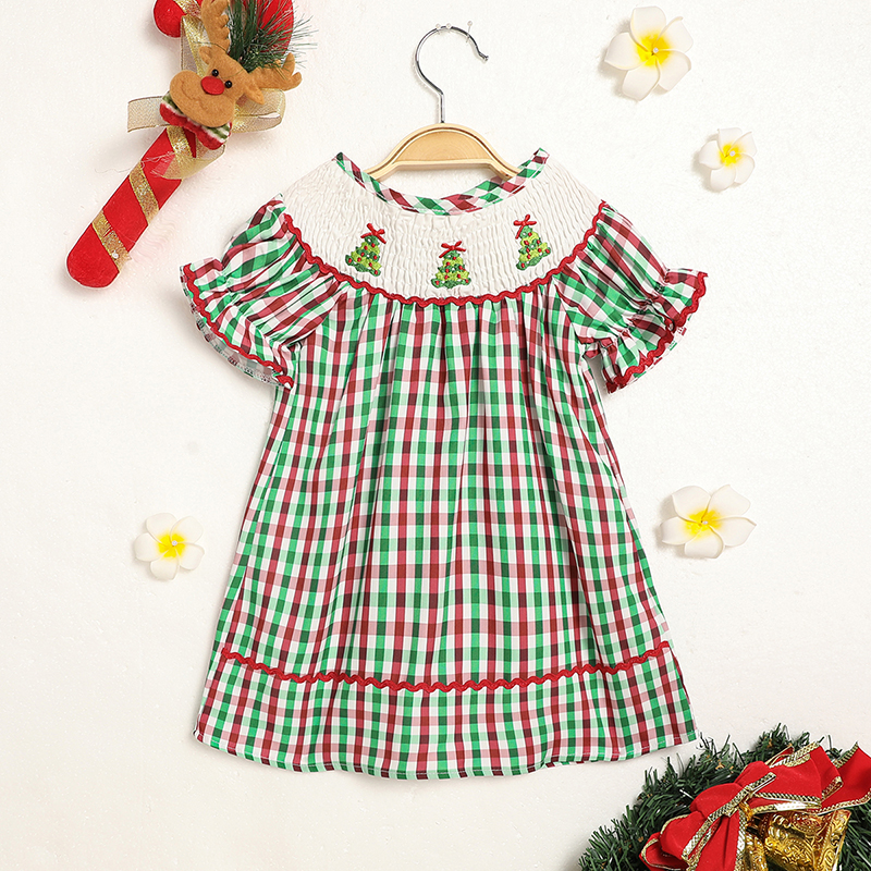 Baby Girls' Plaid Christmas Tree Embroidered Dress