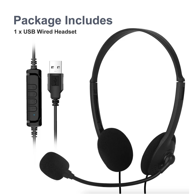 Black Wired USB Headset with Boom Microphone