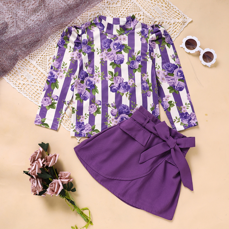Purple Rose and Stripe Top with Belted Skirt — Manufacturer Size 4Y