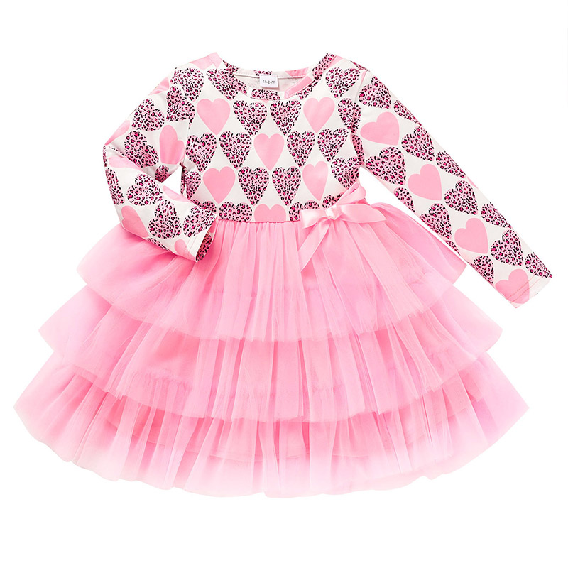Pink Heart-Print Long-Sleeve Tulle Dress