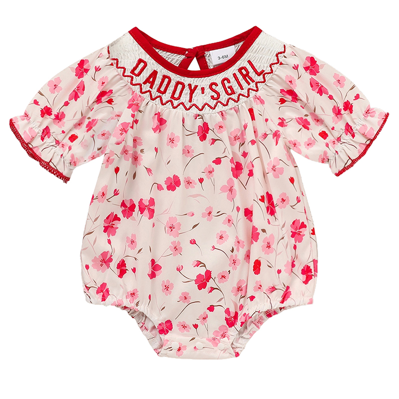 Red Floral Smocked Puff-Sleeve Bodysuit