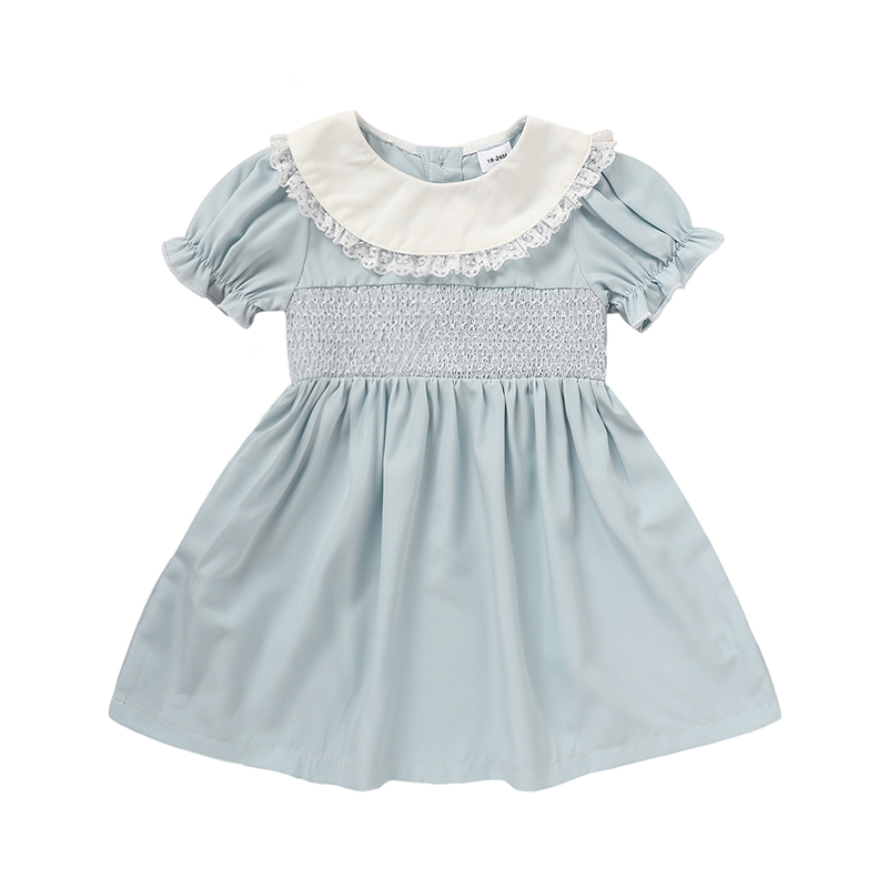 Girls’ Blue Smocked Puff-Sleeve Dress