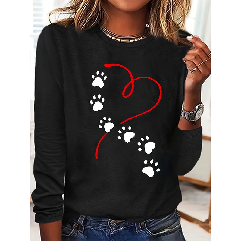 Women's Heart-and-Paw Print Polyester Long-Sleeve Top