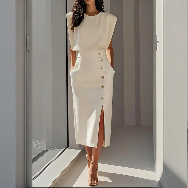 Button-Slit Cap-Sleeve Dress