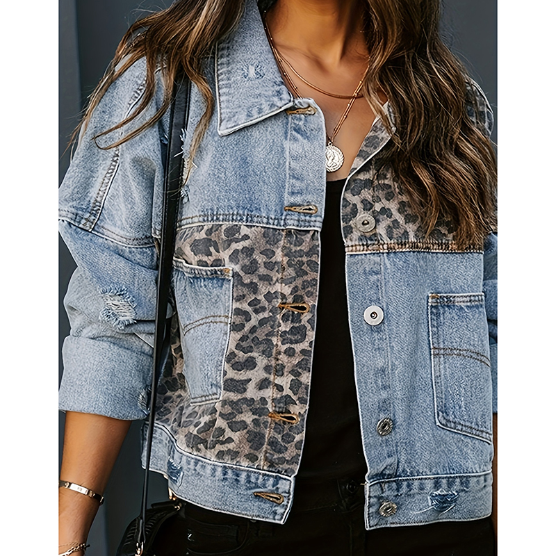 Women's Leopard-Panel Denim Jacket, Blue