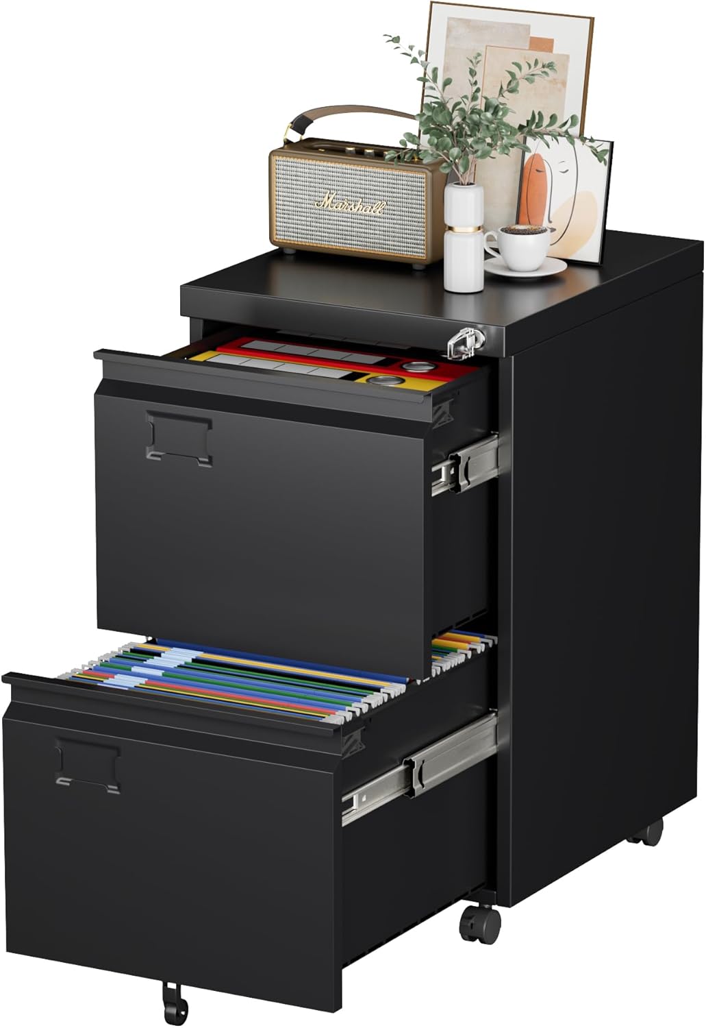 Black Two-Drawer Rolling File Cabinet
