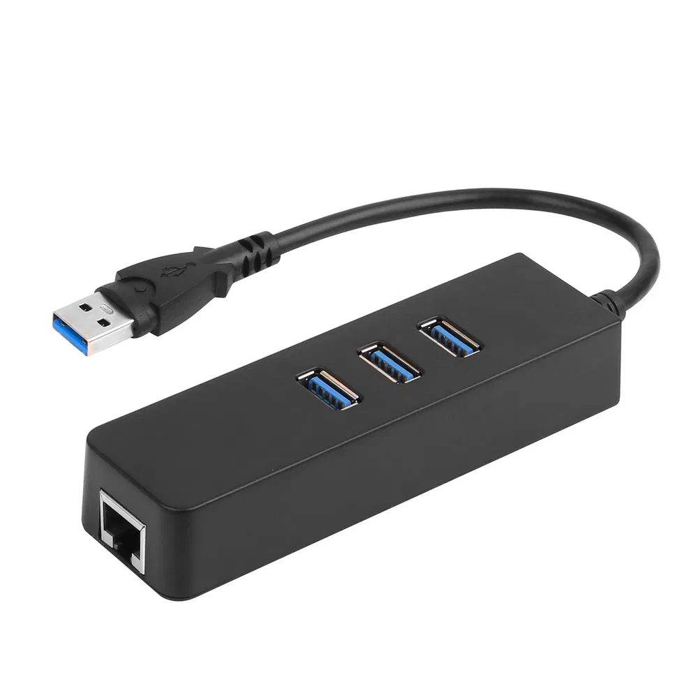 Black Three-Port USB-A 3.0 Hub with RJ45 Ethernet
