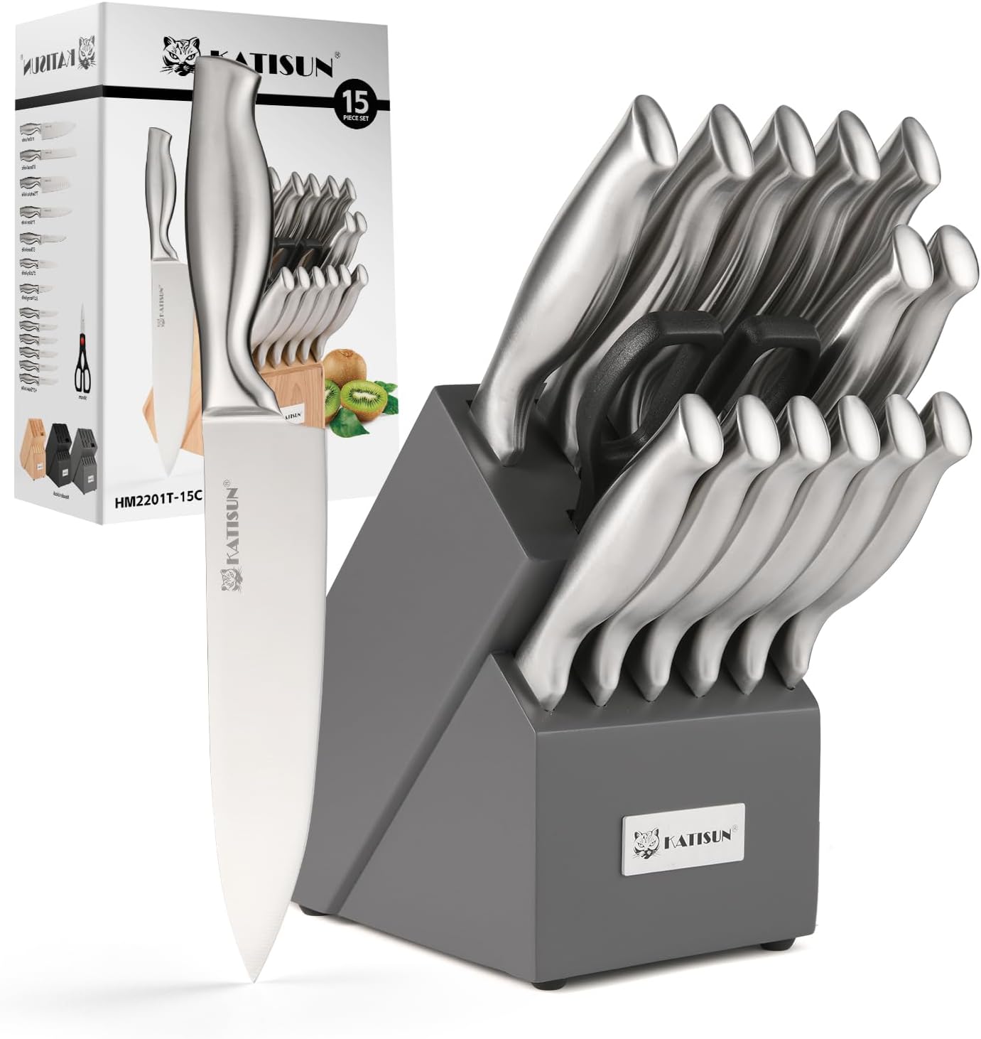 KATISUN 15-Piece Steel-Handle Knife Block Set