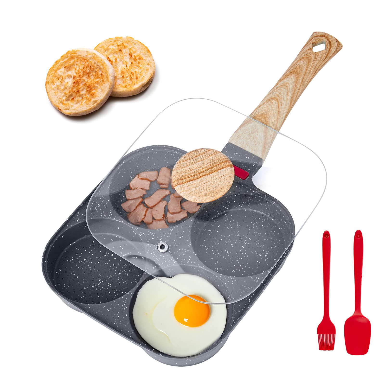 Four-Well Egg Pan with Lid and Two Utensils