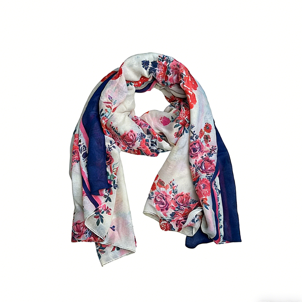 Multicolor Floral Scarf with Navy Border