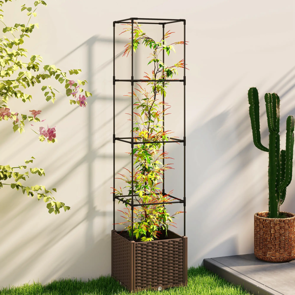 Rolling Brown Planter with Adjustable Trellis