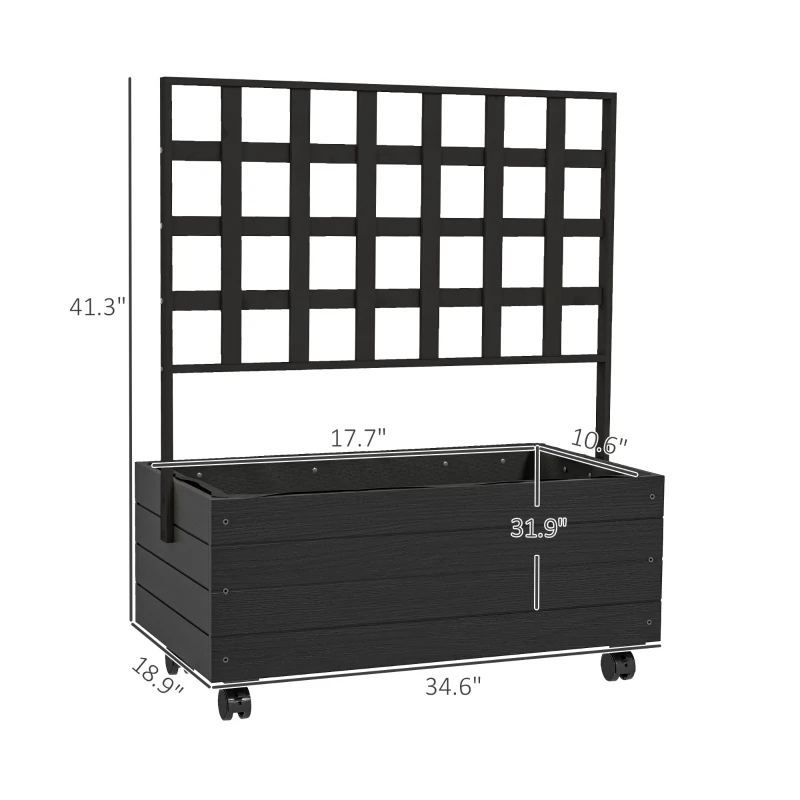 Black Fir-Wood Planter with Trellis and Wheels