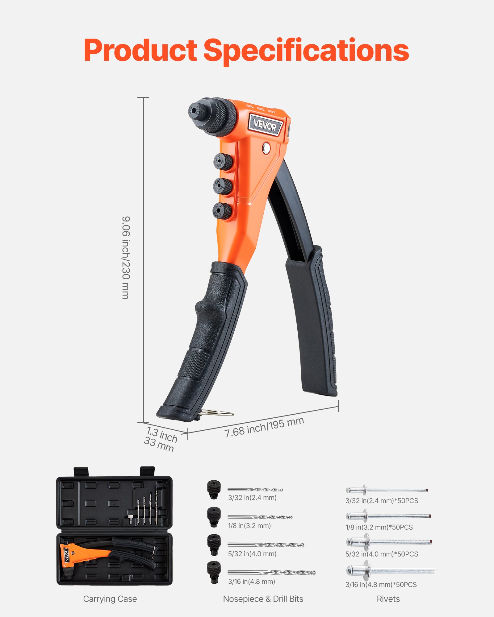 Manual Riveter Kit with 200 Rivets, Four Nosepieces and Carrying Case