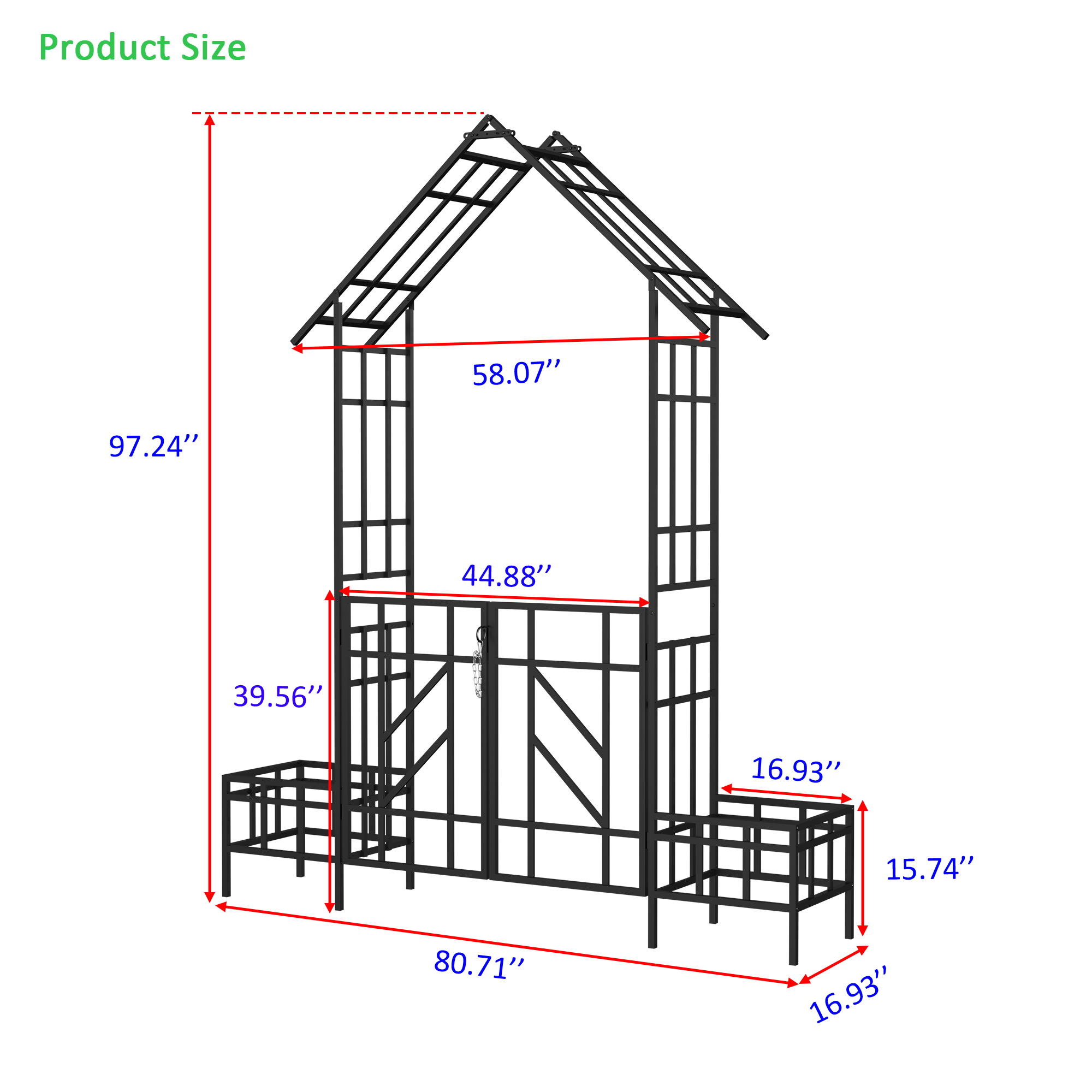 Black Peaked Garden Arbor with Double Gate and Plant Stands