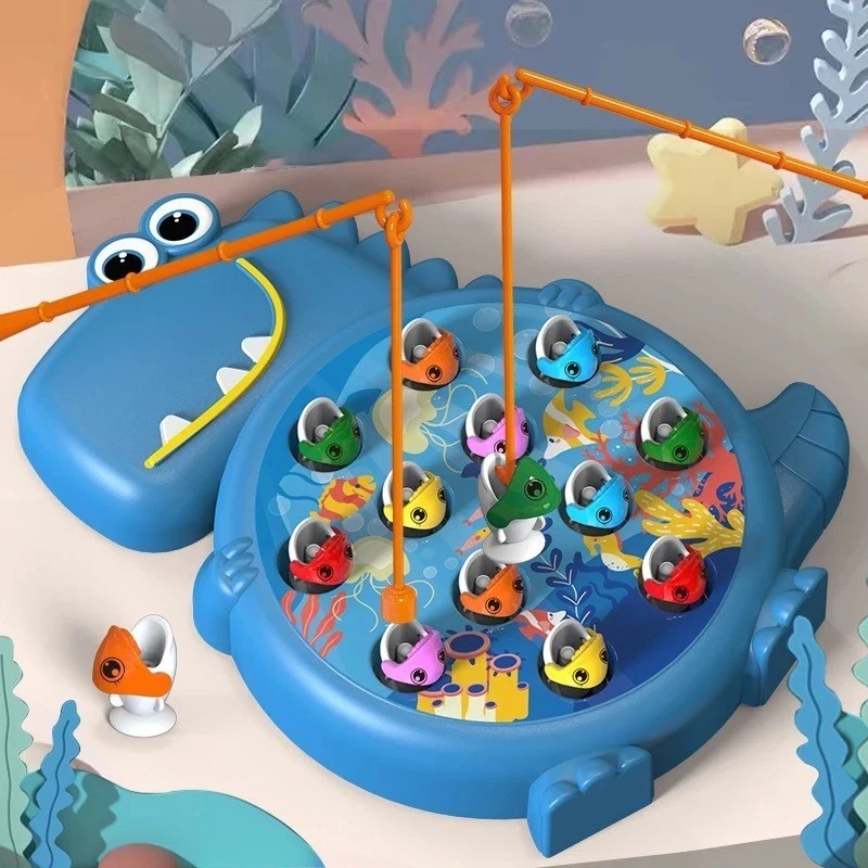 Blue Dinosaur Magnetic Fishing Game with 12 Fish
