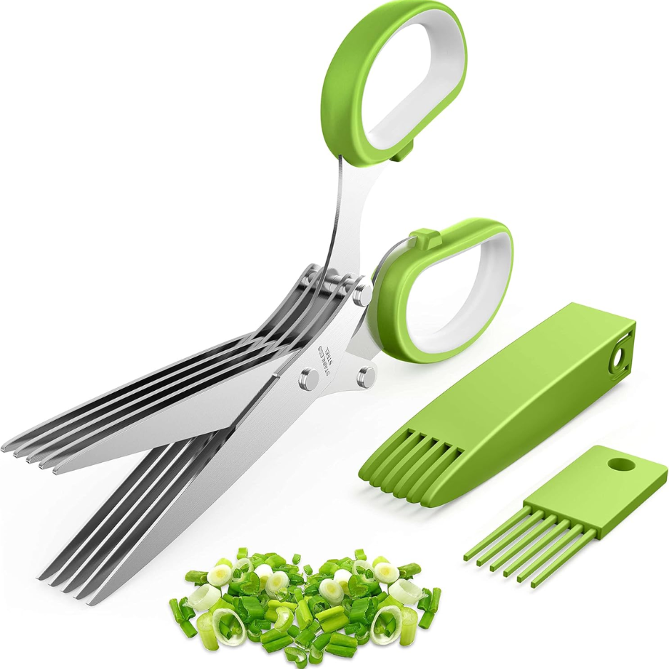 Green Five-Blade Herb Scissors with Cover and Comb