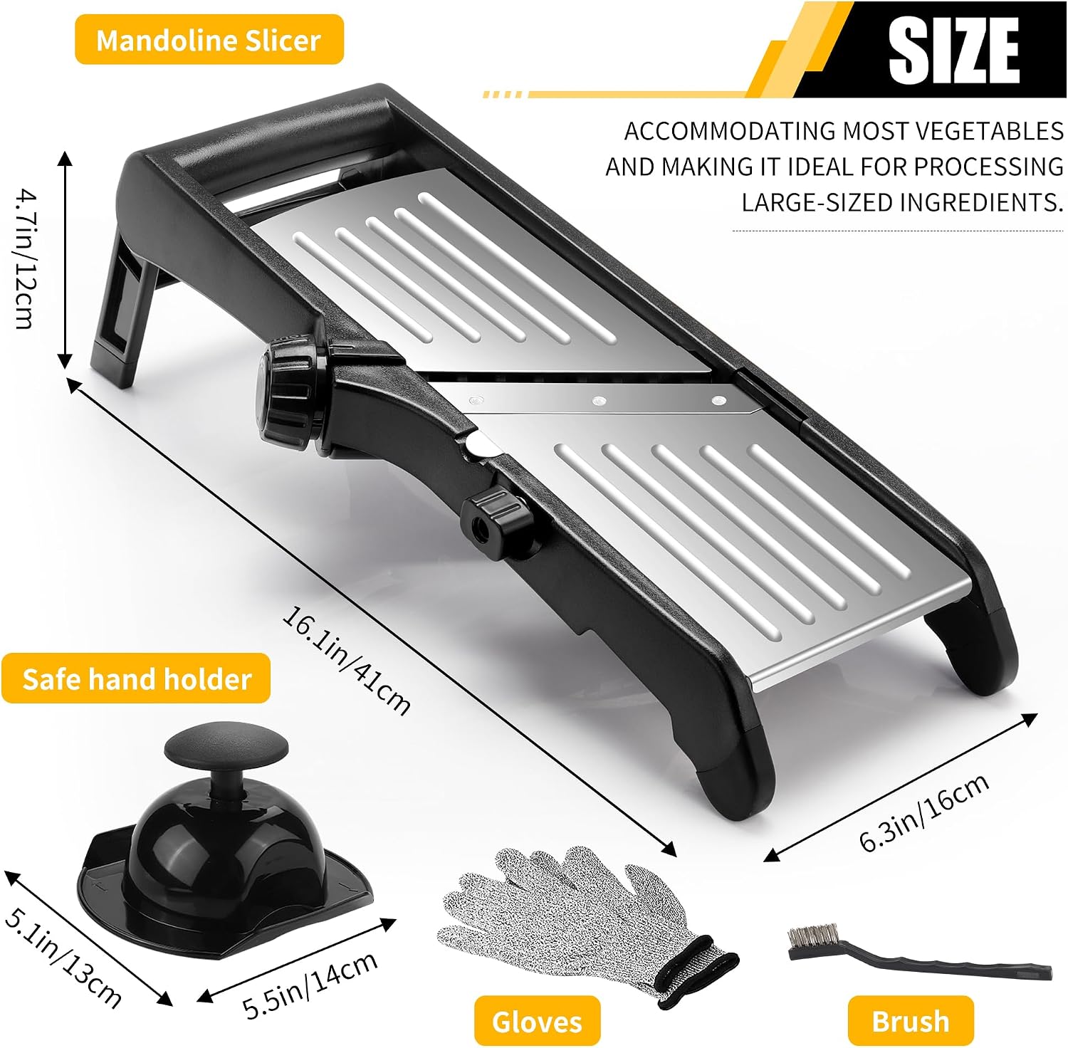 Adjustable Mandoline with Food Pusher, Gloves and Brush
