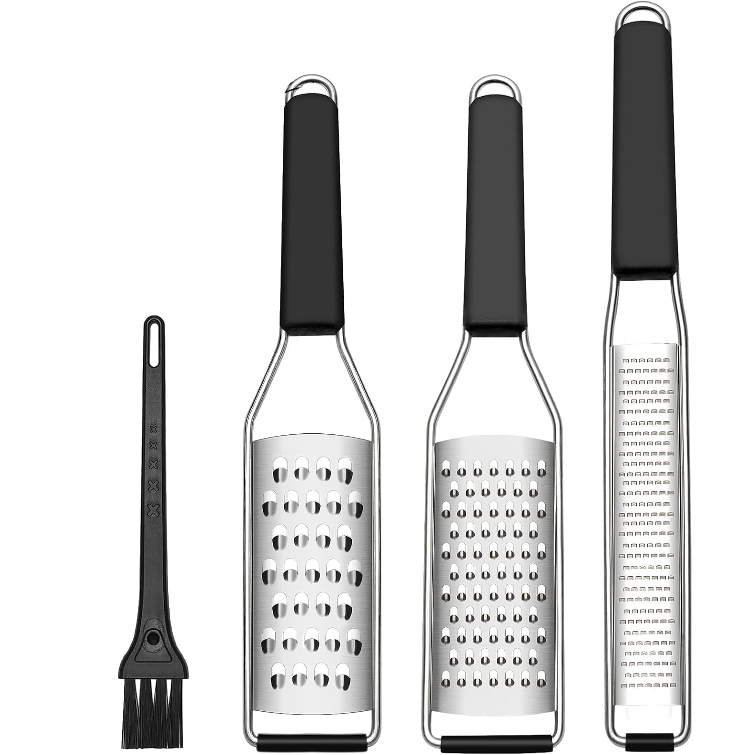Three Flat Graters with Covers and Cleaning Brush