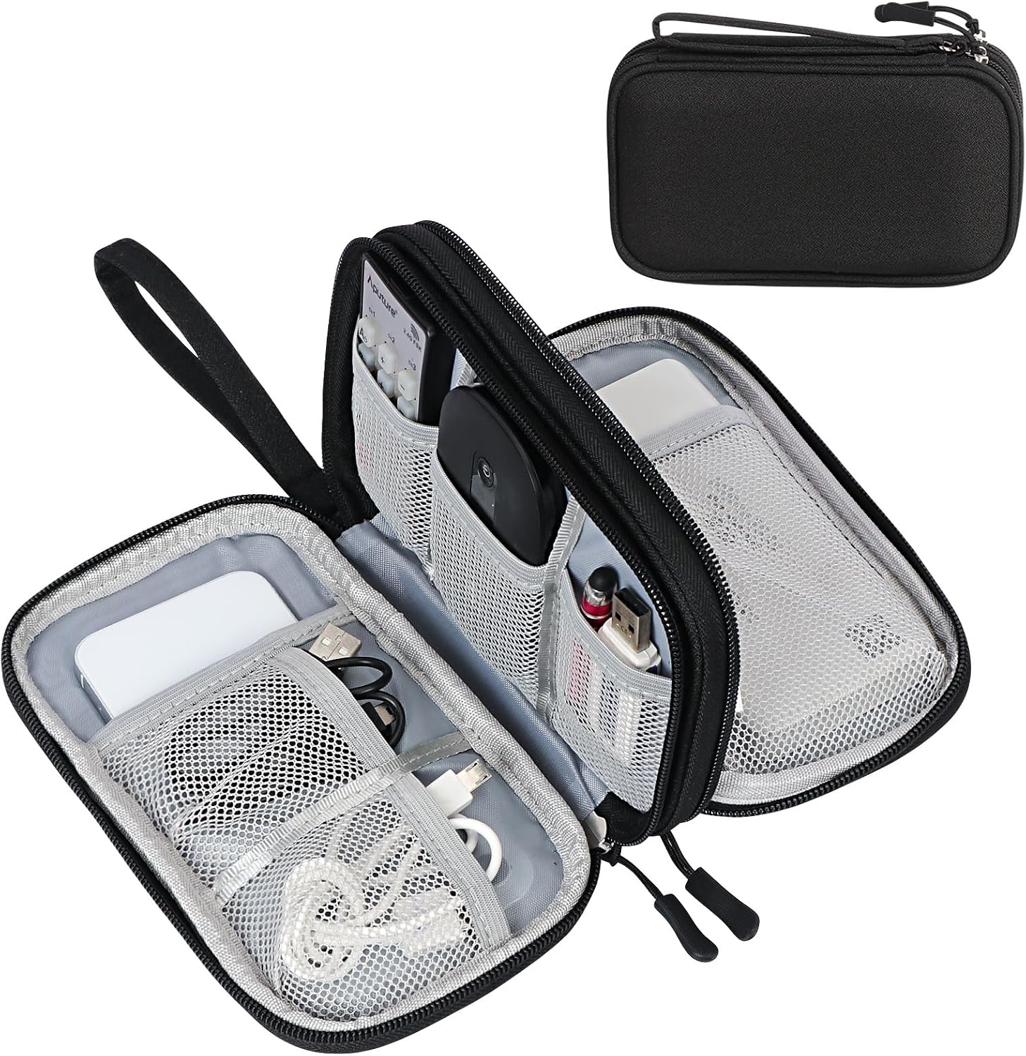 Black Two-Layer Travel Tech Organizer Pouch