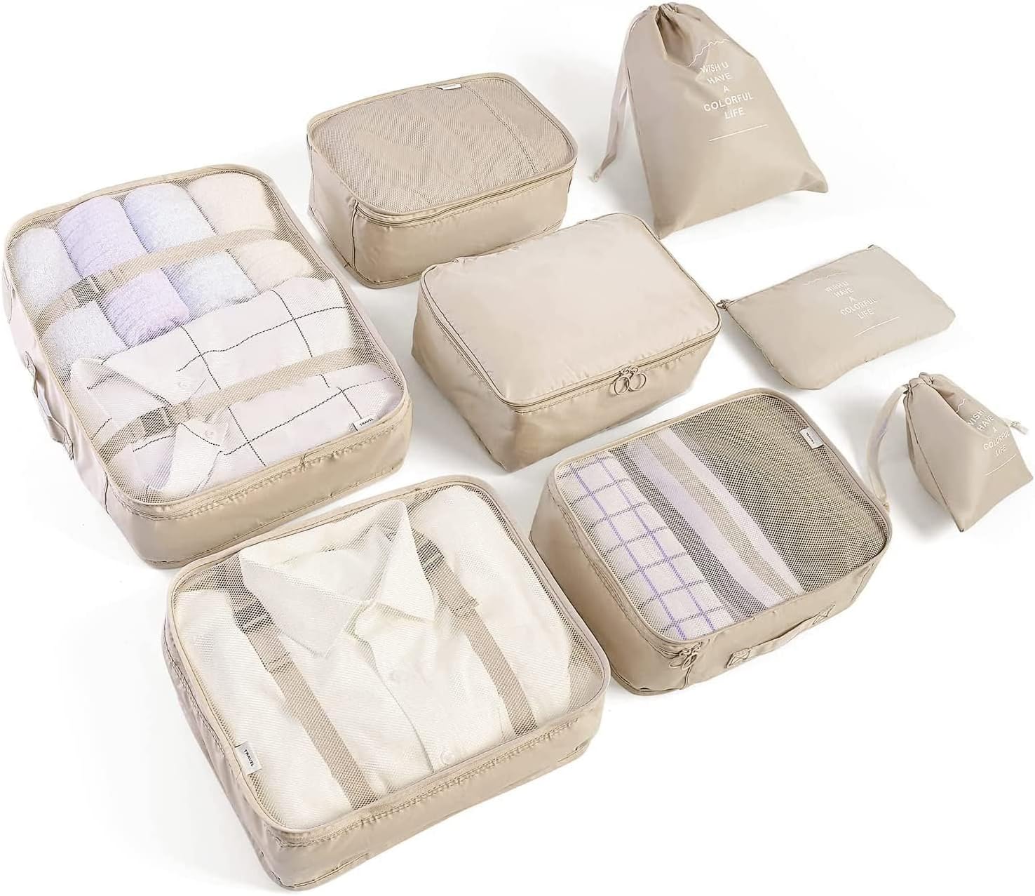 Beige Eight-Piece Travel Packing Organizer Set