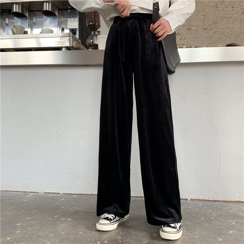 Women's Black Velvet-Look Wide-Leg Pants