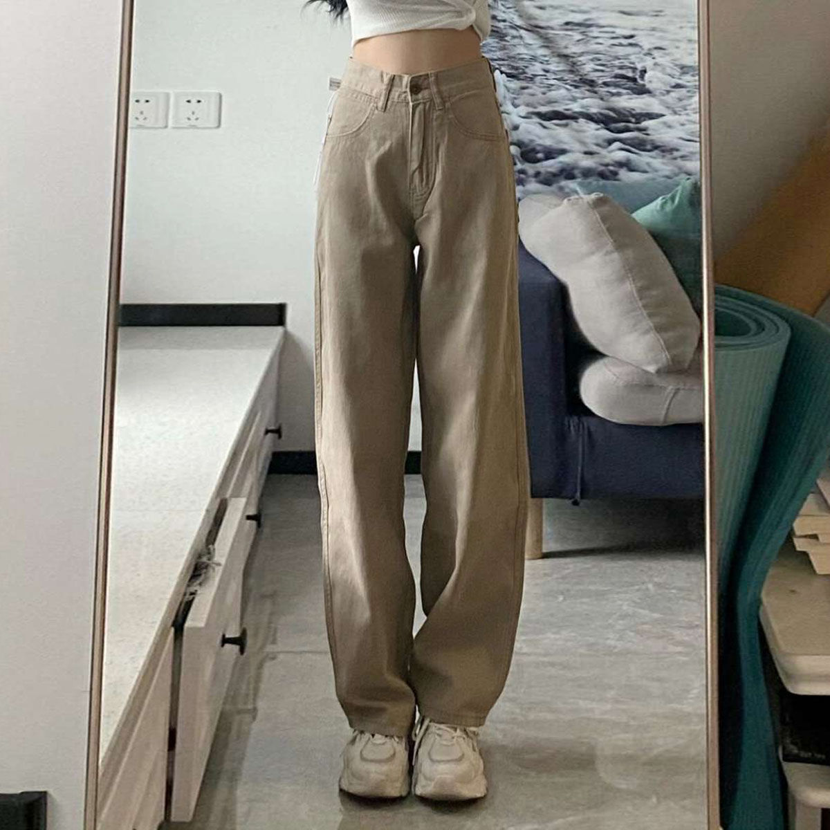 Women's Khaki Wide-Leg Cotton Pants