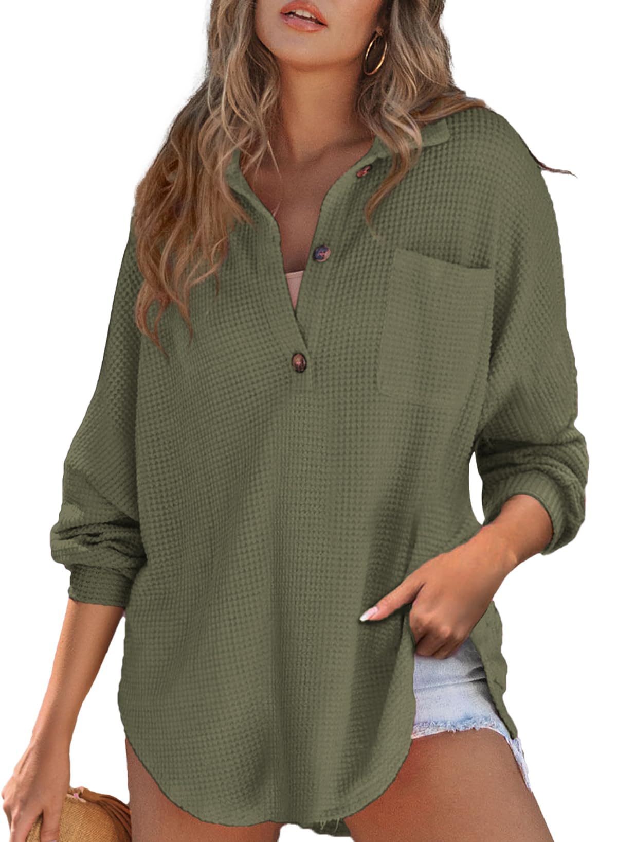 Women's Waffle-Knit Collared Chest-Pocket Pullover