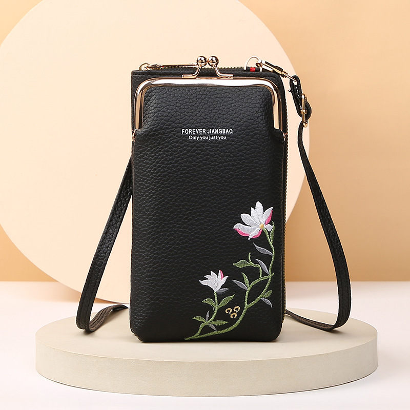 Flower-Embroidered PU Phone Shoulder Bag