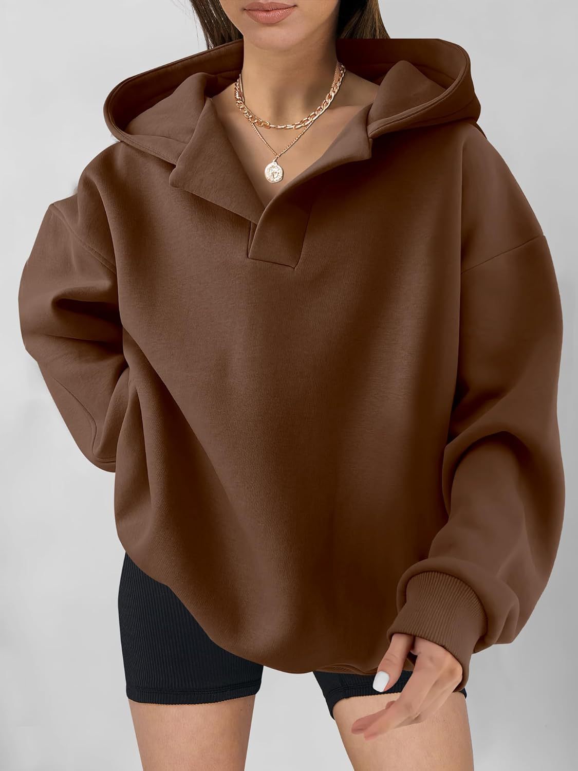Women's Polyester Notched-Neck Hooded Pullover