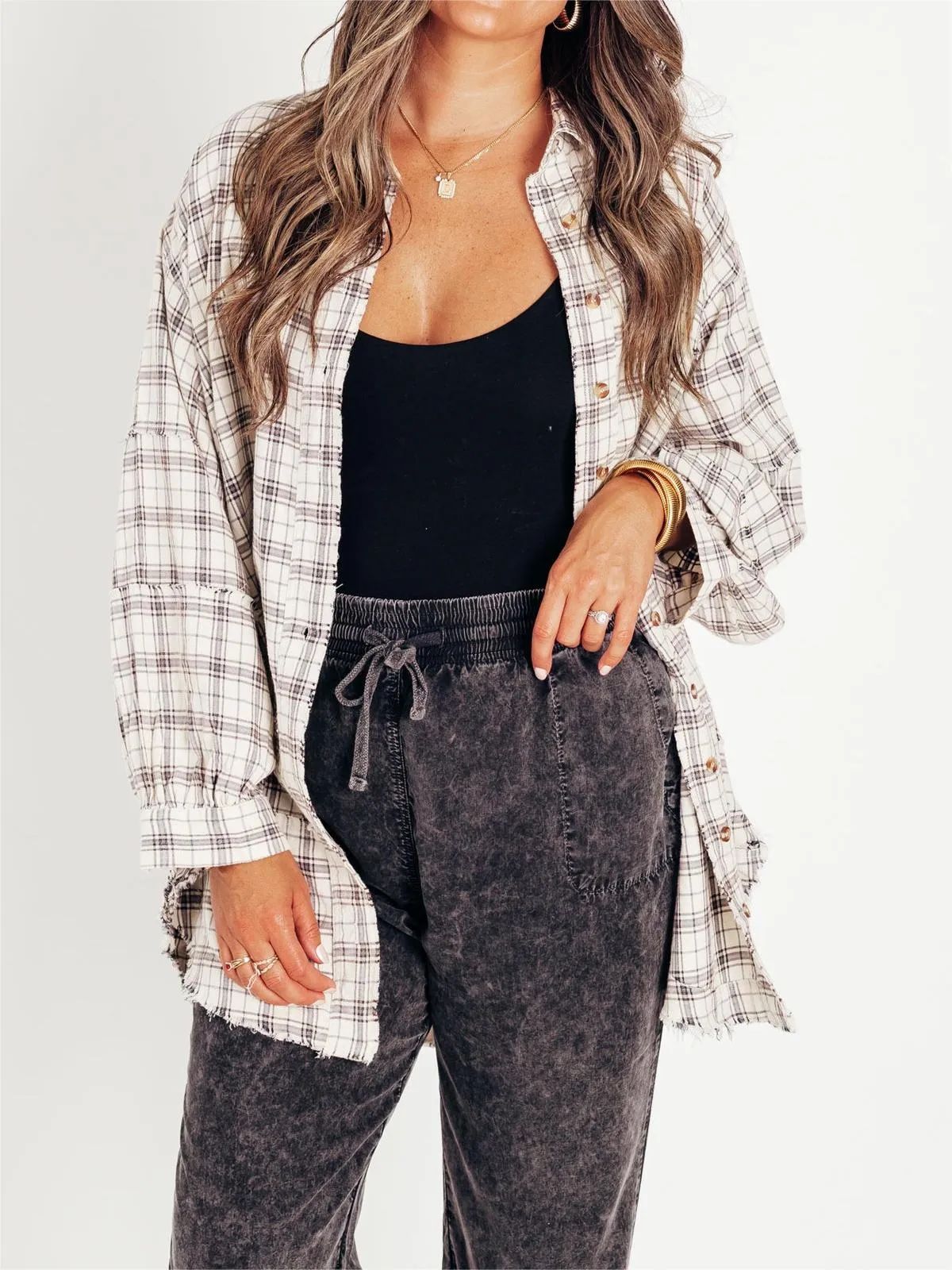 Women's Polyester Plaid Fringed-Hem Blouse