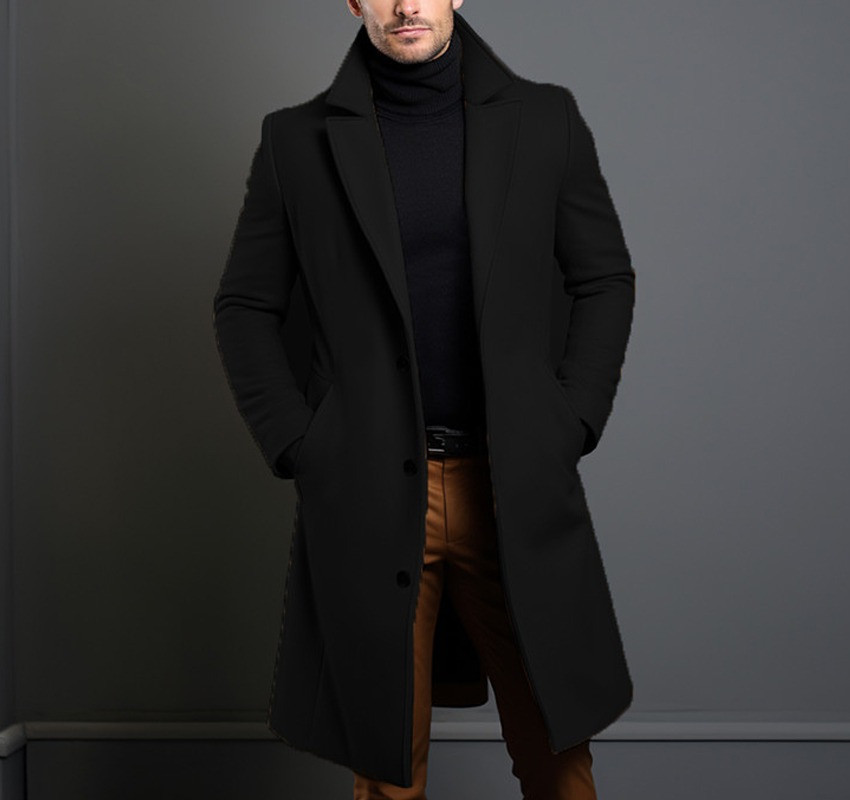 Men’s Black Polyester Mid-Length Overcoat