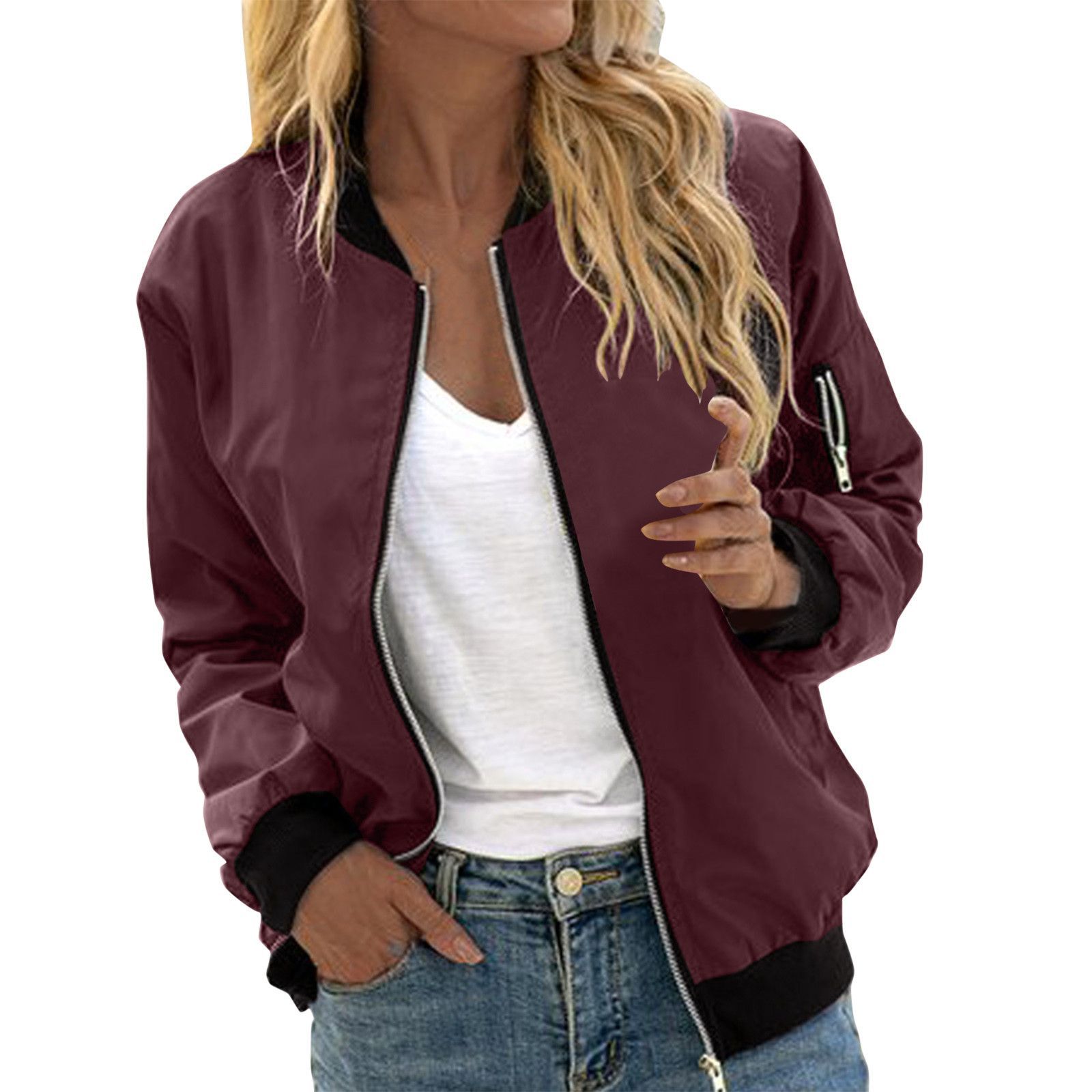 Women's Wine Red Rib-Trim Bomber Jacket