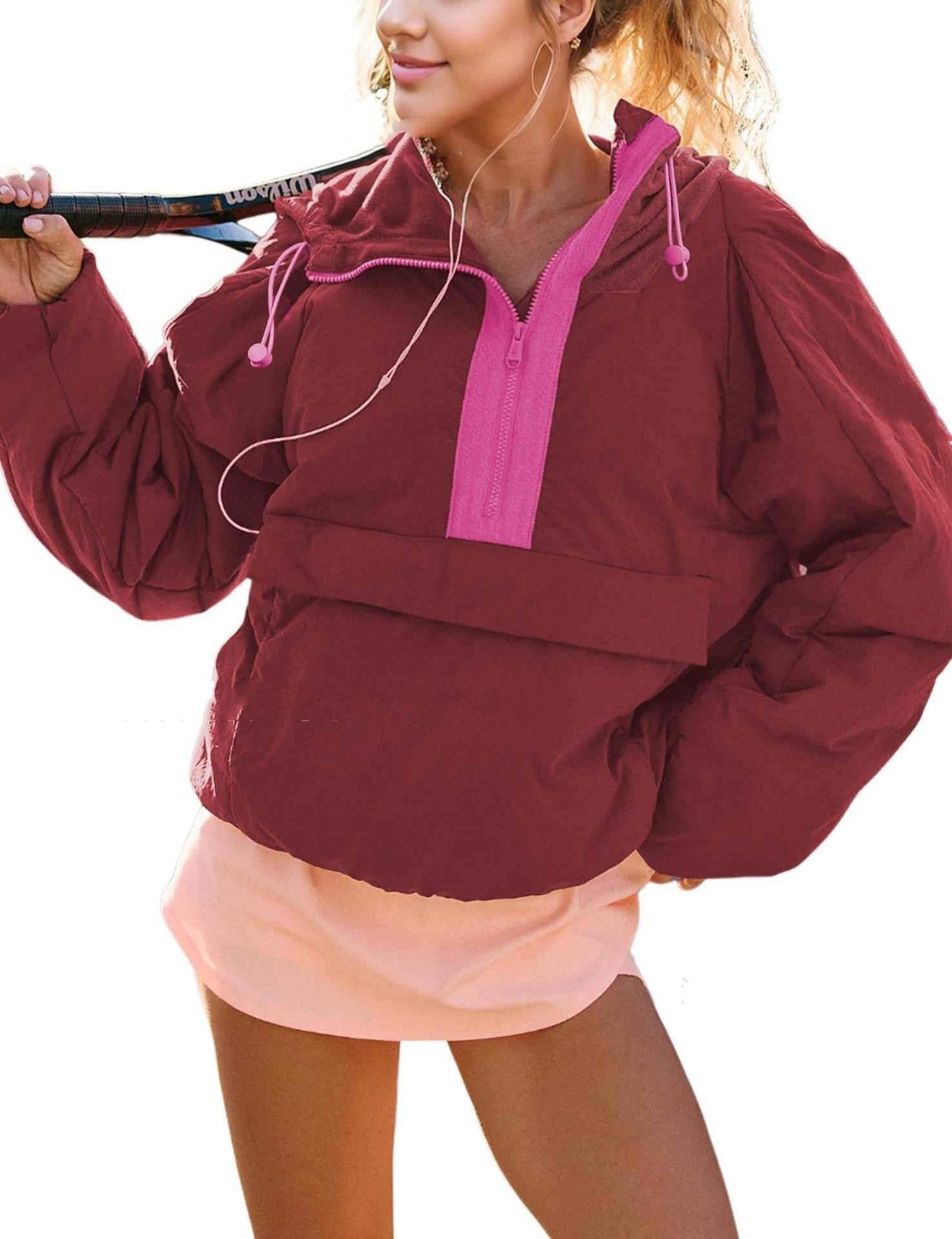 Women’s Contrast-Trim Half-Zip Pullover, Dark Red