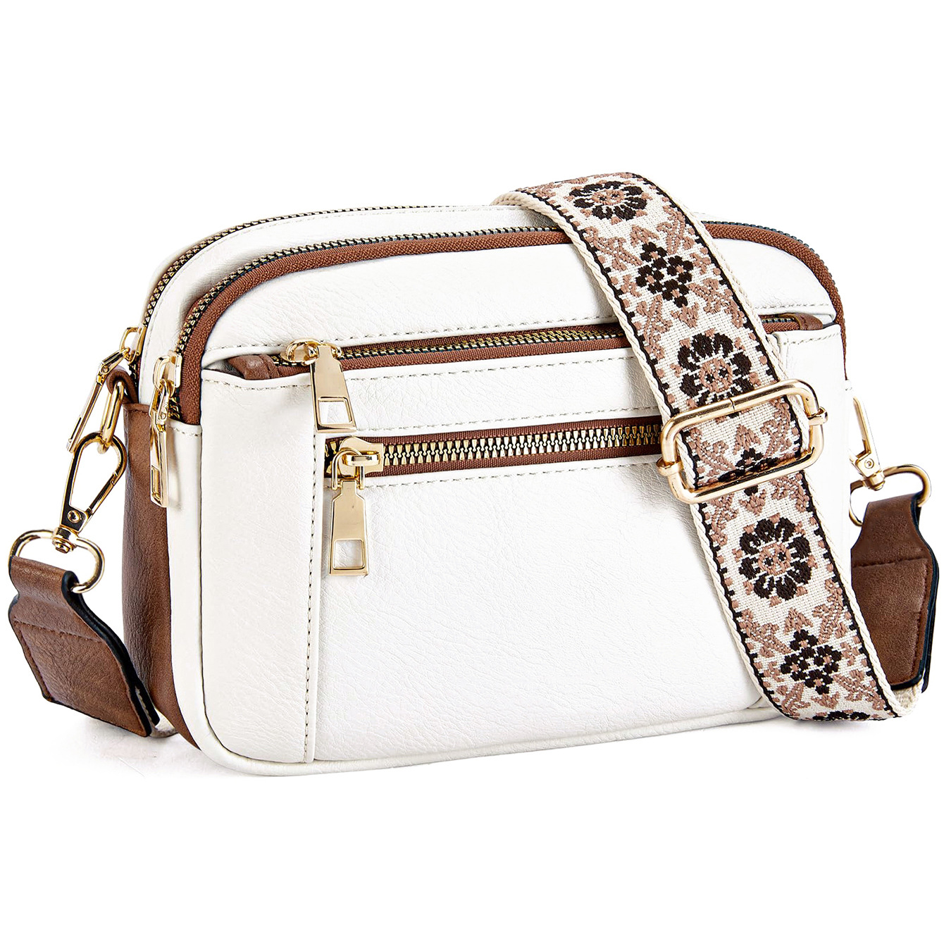 Colorblock PU Crossbody Bag with Floral Strap