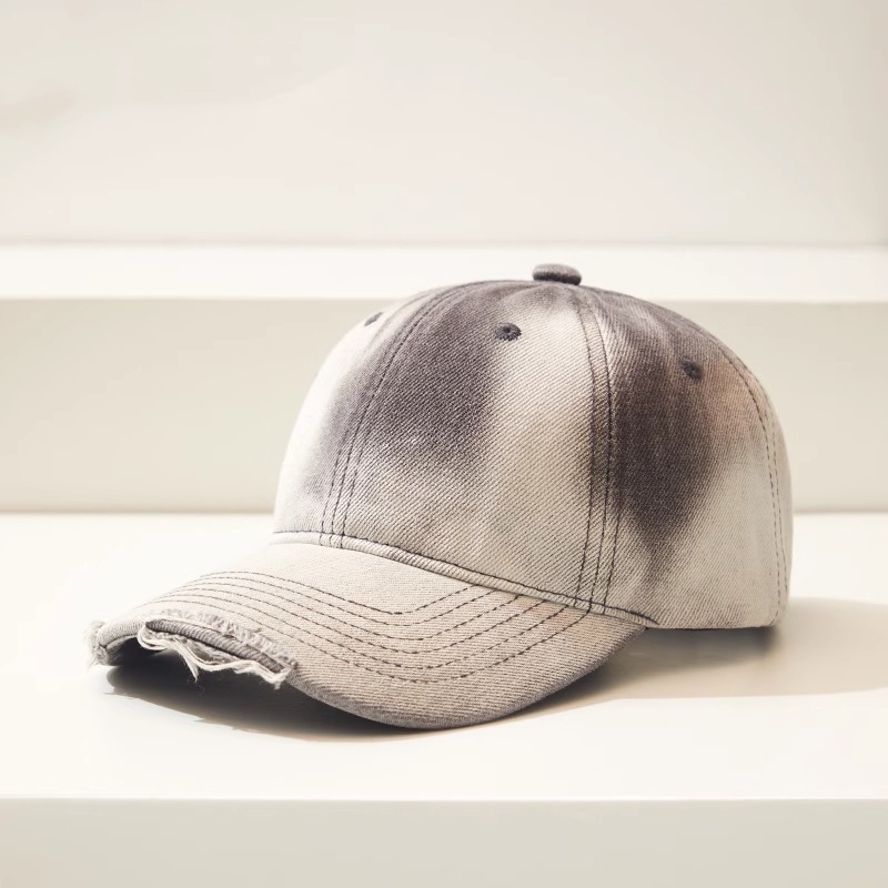 Gray Distressed Cotton Denim Cap