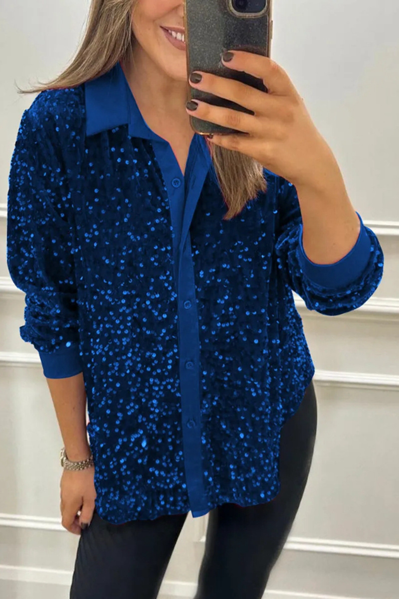 Women’s Dark Blue Sequined Polyester Button Shirt