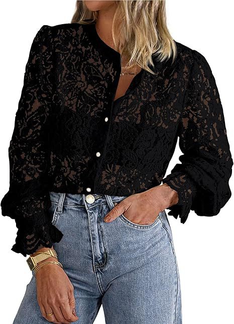 Women’s Black Polyester Lace Button Shirt