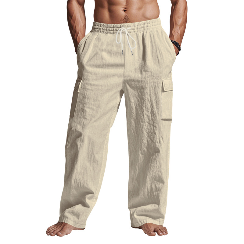 Men’s Straight-Leg Linen-Fiber Cargo Trousers
