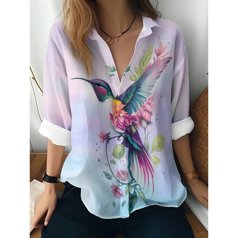 Women's Hummingbird-Print Polyester Button-Front Shirt, 4 D838 S