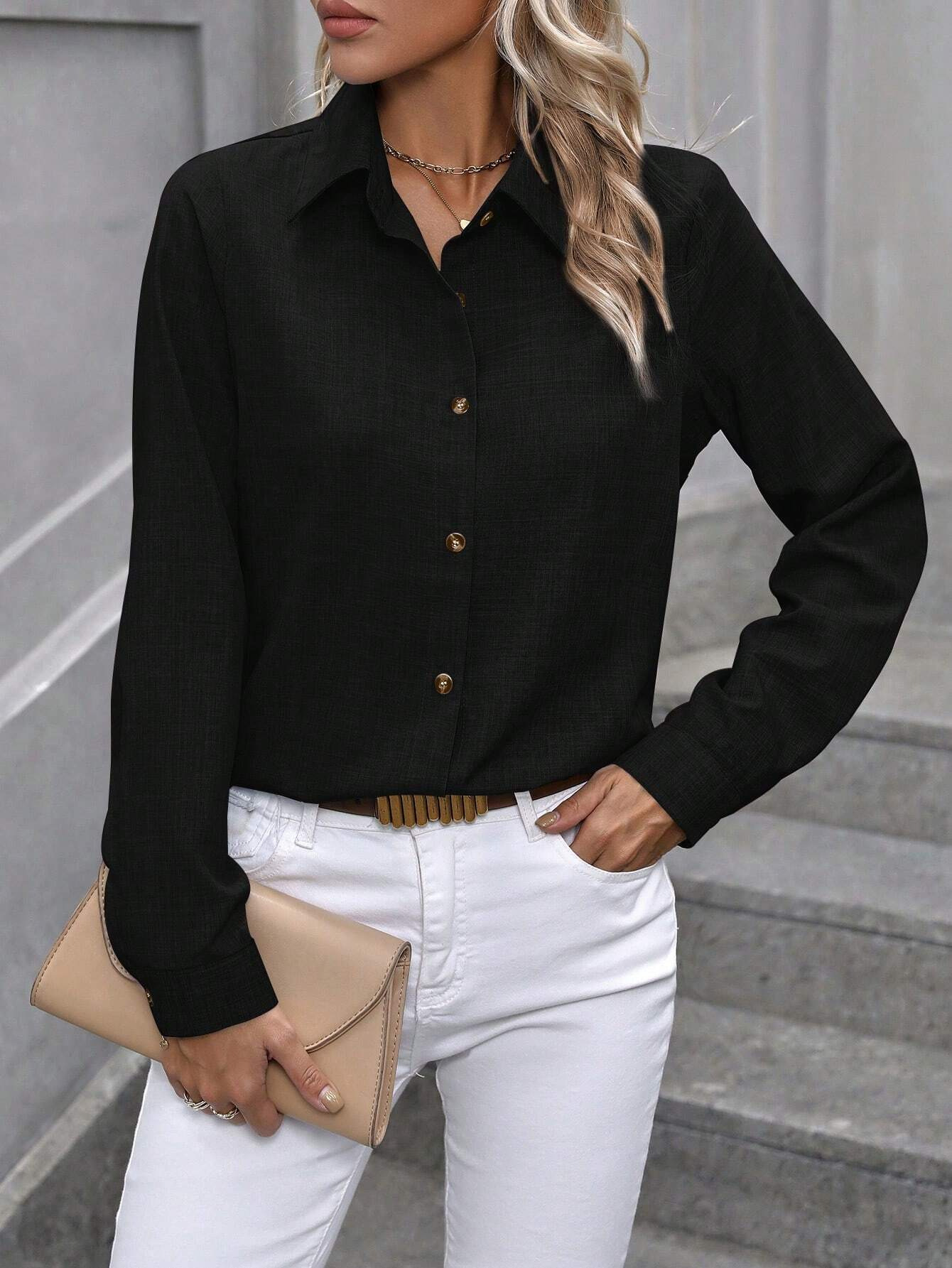 Women’s Black Polyester Collared Button Shirt