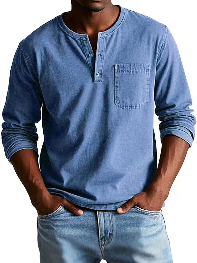 Men's Long-Sleeve Polyester Henley Shirt with Chest Pocket