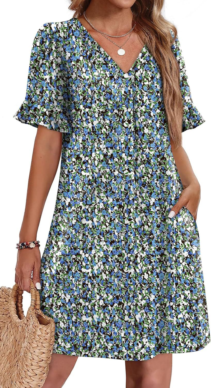 Women's Blue-Flower Ruffle-Sleeve Dress
