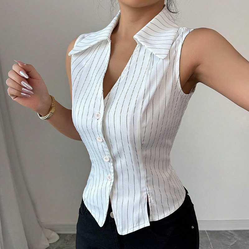 Women’s White Striped Sleeveless Polyester Shirt