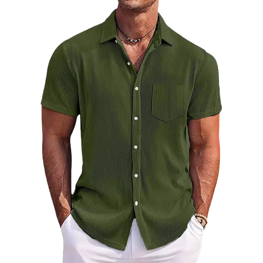 Men's Short-Sleeve Polyester Button-Front Shirt, Army Green S