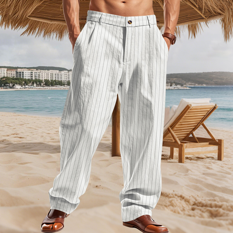 Men’s White Striped Linen Pants