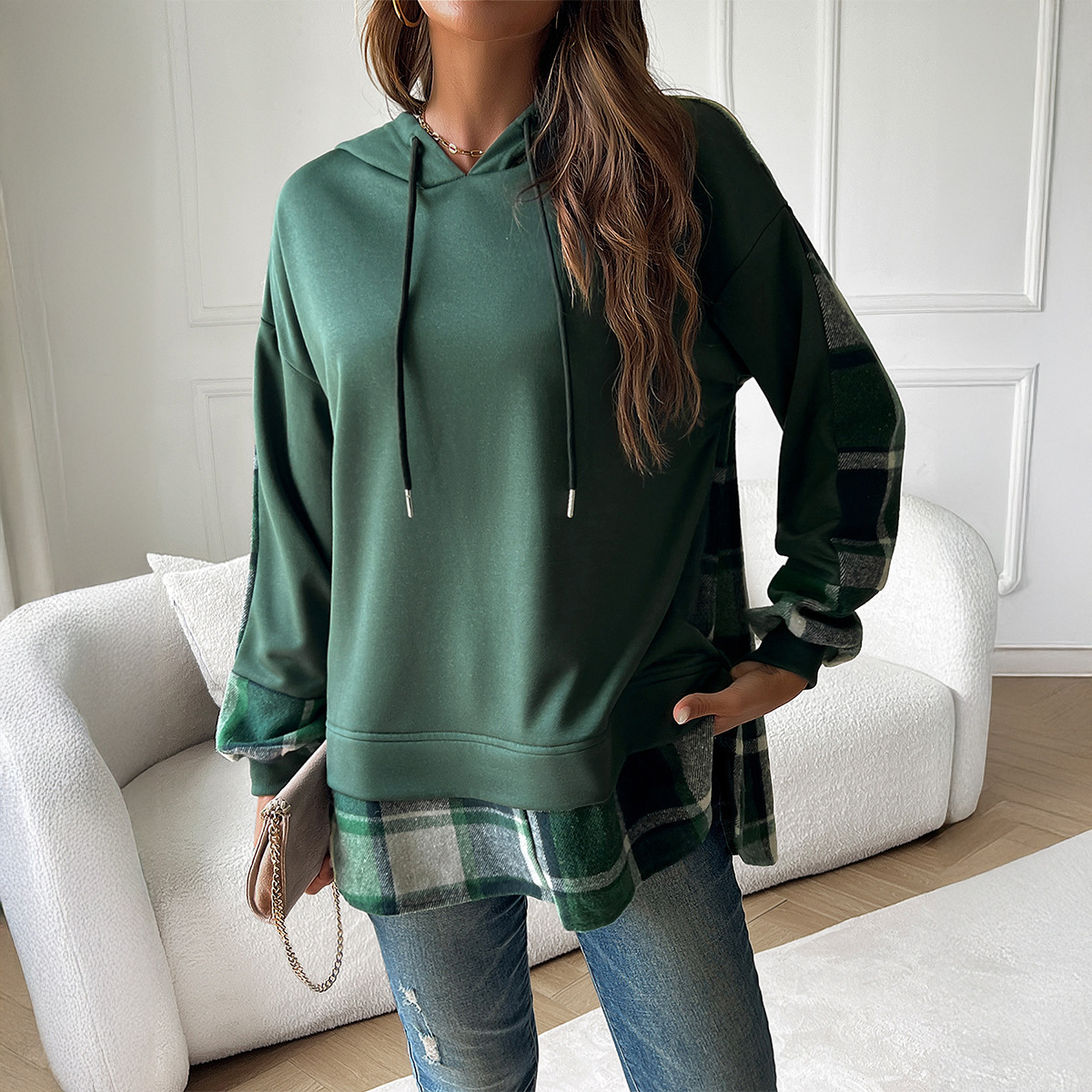 Women's Plaid-Panel Polyester Pullover Hoodie, Green XL