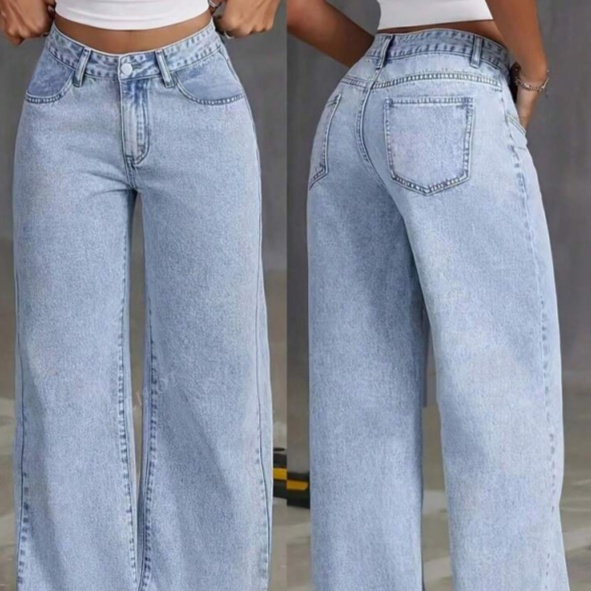 Women’s Blue High-Waist Polyester Wide-Leg Jeans