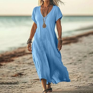 Women's Sky Blue Cotton-Linen V-Neck Long Dress