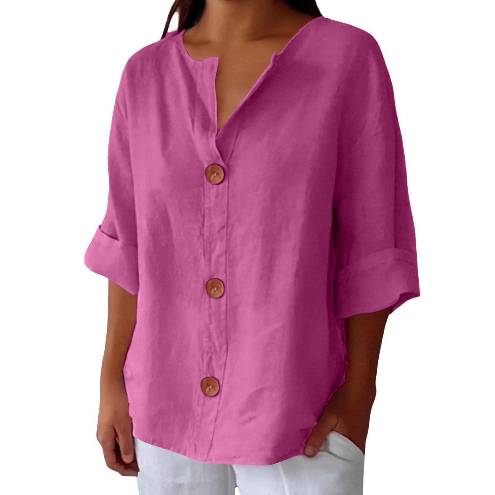 Women's Polyester V-Notch Button Blouse