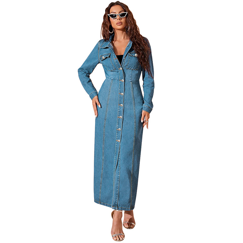 Light Blue Long Button-Front Denim Jacket Dress